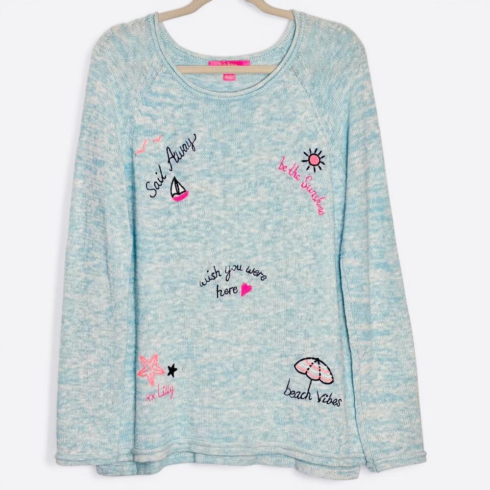 Lilly Pulitzer Danette Sweater XL Blue Sailabration Coastal Beach Embroidered